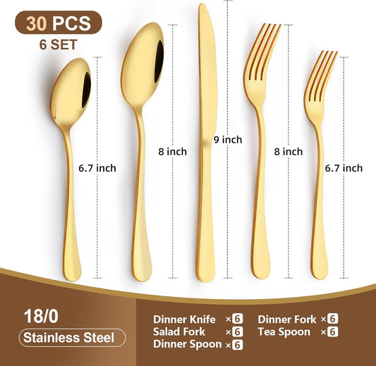 Gold Silverware Set, 30 Piece Flatware Cutlery Set for 6, 18/0 Stainless Steel Silverware, Mirror Polished Cutlery Utensil Set Includes Knife Fork Spoon For Home Kitchen Restaurant Gift