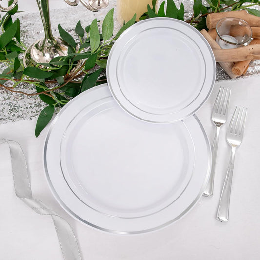 I00000 600pcs Silver Dinnerware Set for 100 Guests, Silver Plastic Plates Plastic Silverware Set of 100 Dinner Plates, 100 Salad Plates, 200 Forks, 100 Spoons,100 Knives for Party & Wedding