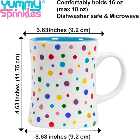 Denim Blue Cute Coffee Mug with Confetti Polka Dot Rainbow Sprinkles | Birthday Cake Coffee Cup Gift |Fun Colorful Pattern | Large White Ceramic Cup with Green, Yellow, Red, Pink, and Blue Sprinkles