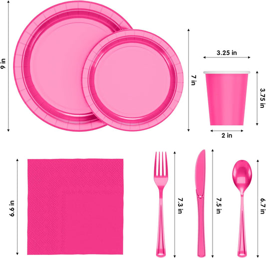 Exquisite 350 Pcs Hot Pink Paper Plates For Party, Hot Pink Disposable Plates Set, 50 Of Each 9" Dinner Plate Set, 7" Dessert Plate, Cups, Napkins & Cutlery Paper Dinnerware