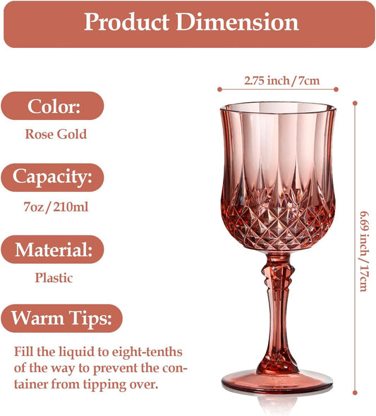 XUWAIDSGN 7oz Plastic Vintage Rose Gold Drinking Glasses Pink Wine Glasses Unbreakable Wedding Glassware Crystal Water Goblets Reusable Drinkware Vintage Champagne Flutes (16, Rose Gold)