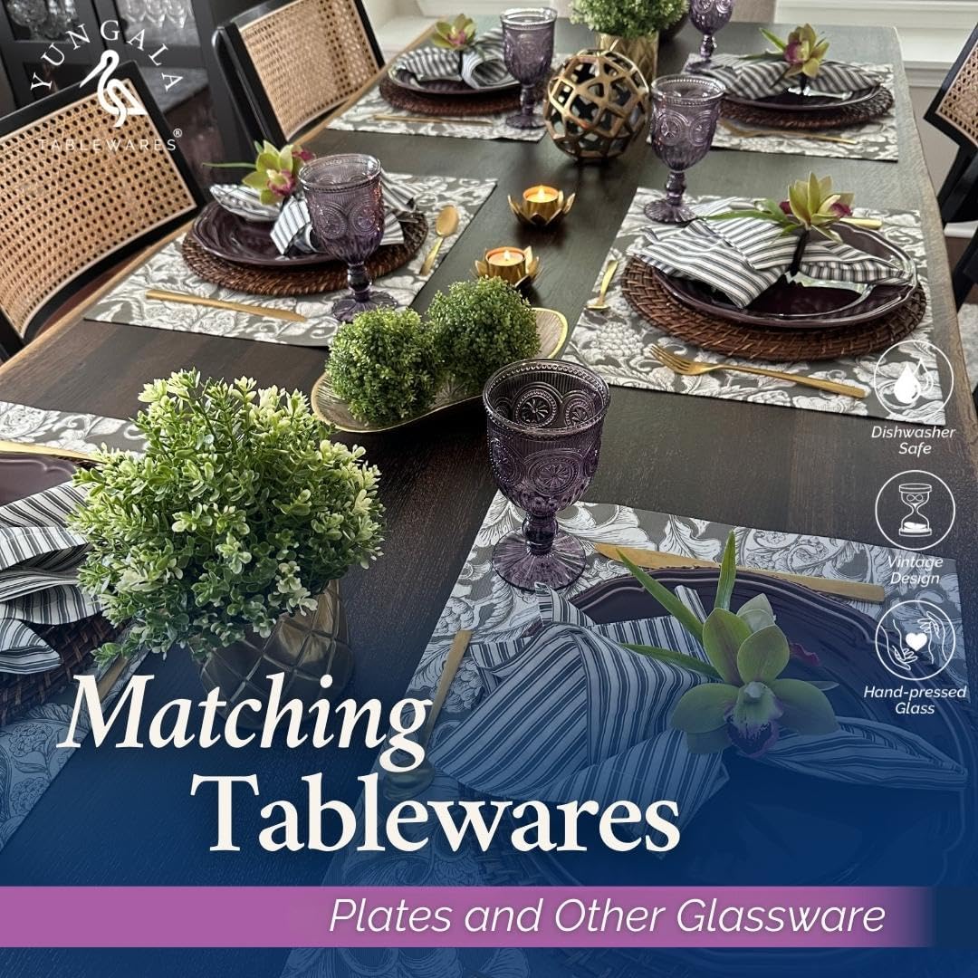 Yungala Purple Highball Glasses, set of 6 tall drinking glasses with unique vintage design and a deep purple hue. DISHWASHER SAFE glassware made from purple glass. Matching wine glasses available.