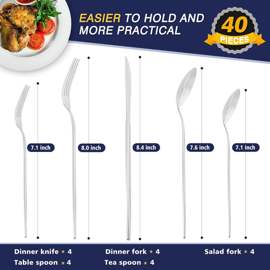 40 Pieces Silverware Set,Matte Stainless Steel Flatware Cutlery Set Service for 8, Stain Finish Kitchen Utensil Set,Include Dinner Knives Forks and Spoons Silverware, Dishwasher Safe