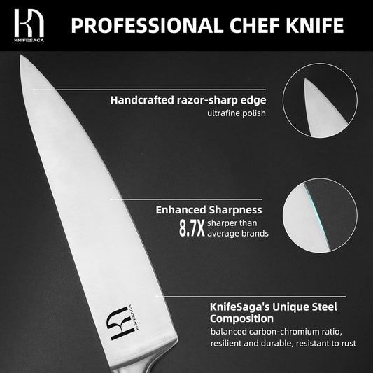 Japanese Chef Knife 8 Inch Professional for Kitchen, High Carbon Stainless Steel Chopping Knife for Vegetable, Razor Sharp Cooking Knife for Meat Cutting with Full-tang Handle