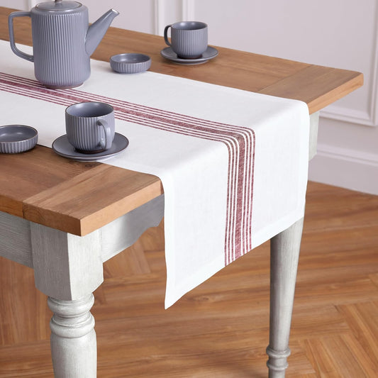 Solino Home Linen Striped Table Runner 120 Inches Long - Farmhouse 100% Pure Linen Burgundy and White Dining Table Runner 18 x 120 Inch for Fall, Autumn, Thanksgiving, Christmas