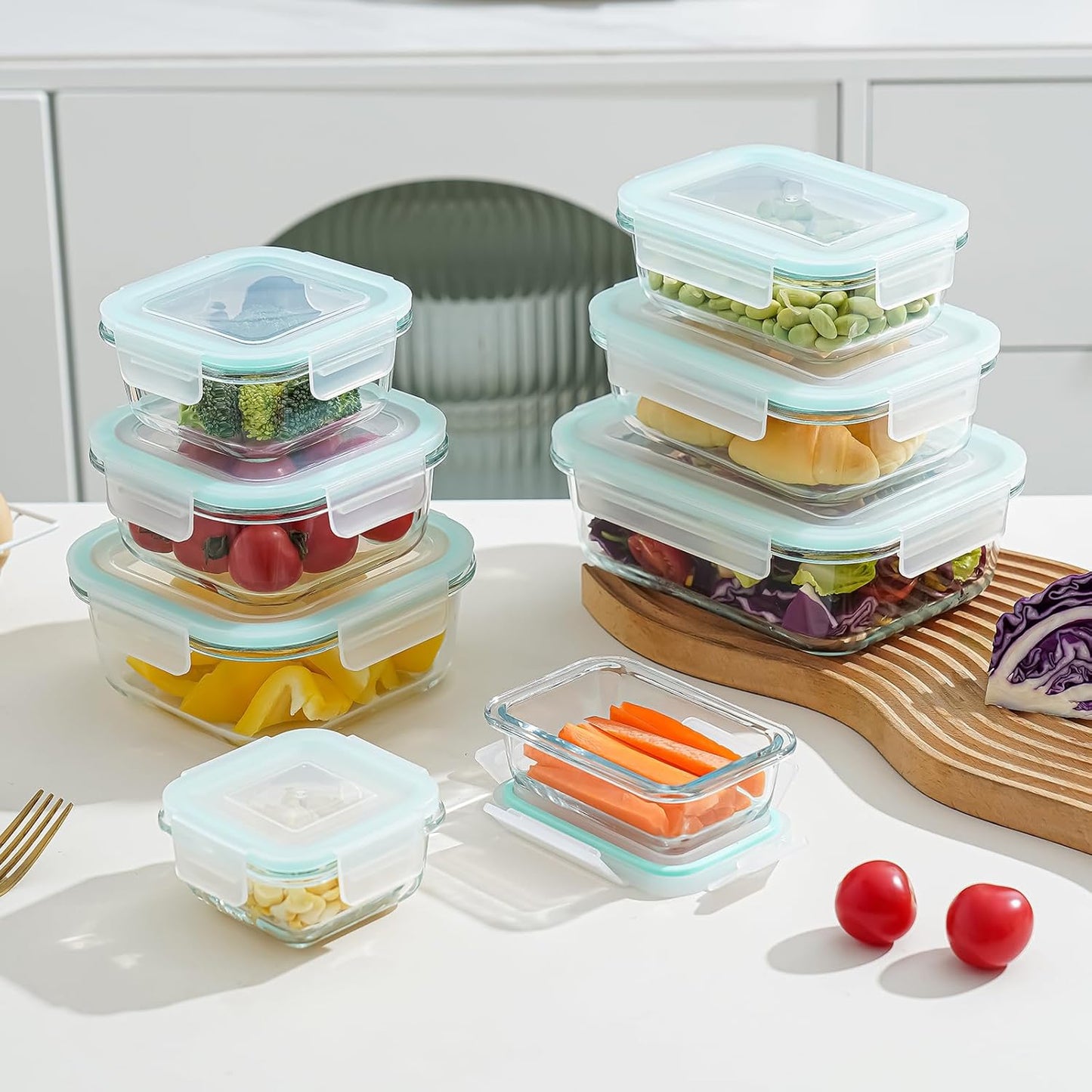 8-piece glass food storage container, glass pre meal preparation container, with sealing cover, suitable for use in microwave ovens, ovens, refrigerators, and dishwashers