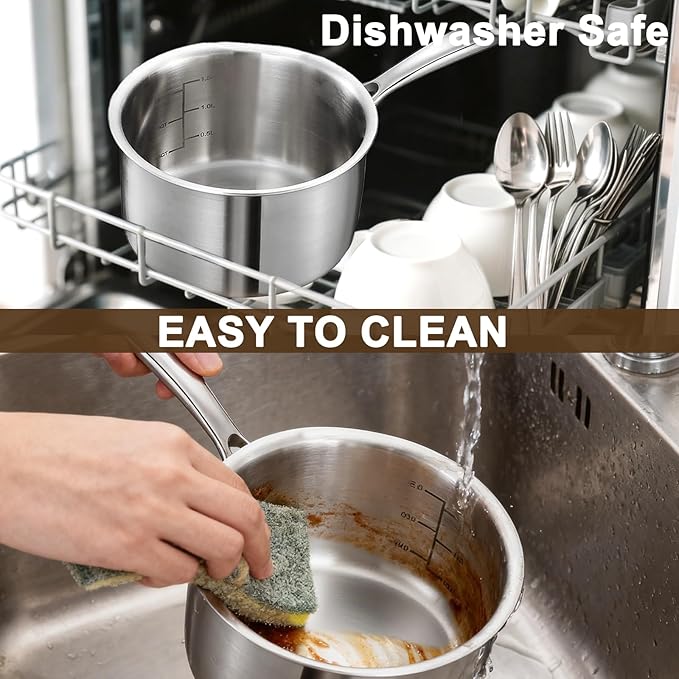 1Qt and 2Qt Triple Stainless Steel Saucepan with Lid, Ramen Pot with Clear Glass Cover, Small Sauce Pan for Cooking Oatmeal, Induction-Ready, Dishwasher-Safe, Suitable for All Stoves