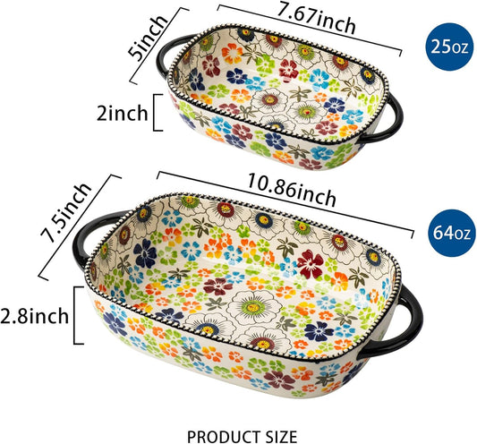 Retro pastoral style Ceramic Baking Dish Rectangular Bakeware Set Baking Pan, 2-piece Hand-painted Porcelain Baking pan with handle, Casserole Dish for Oven/Cooking/Kitchen (Green Traces)