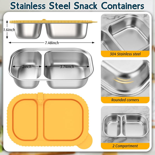 3 Pack Stainless Steel Snack Containers with Silicone Lids, Reusable 2 Compartment Food Storage Containers, Stainless Steel Box for School, Office, Travel