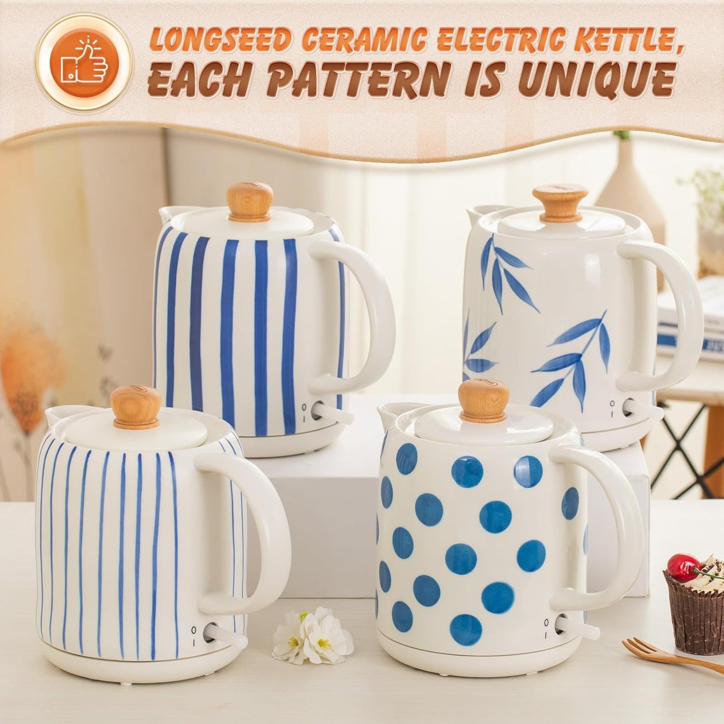 1.0-Liter Ceramic Electric Kettle, 1000W Rapid Boil, Tea Kettles Pot & Hot Water Boiler For Coffee & Tea, Teapot Auto Shut-Off, Boil-Dry Protection