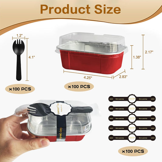 Mini Cake Pans With Lids And Spoons,5.5 oz Rectangle Mini individual Loaf Pans Disposable Aluminum Foil Small Baking Cups Tins (100, Red)