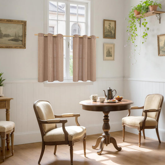 YoungsTex Mocha Linen Kitchen Curtains 40 Inch Length with Grommet, Short Semi Sheer Drapes Light Filtering for Bathroom Cafe Window Fall Decor, 2 Panels, 42 X 40 Inch