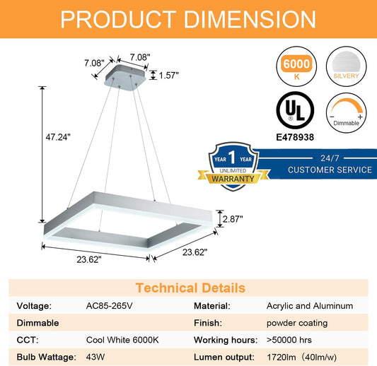 Room Decor Modern Chandelier Square LED Chandelier Dimmable Comtemporary LED Pendant Light Foyer Chandelier for Dining Room Kitchen Office, Cool White 6000K Silver
