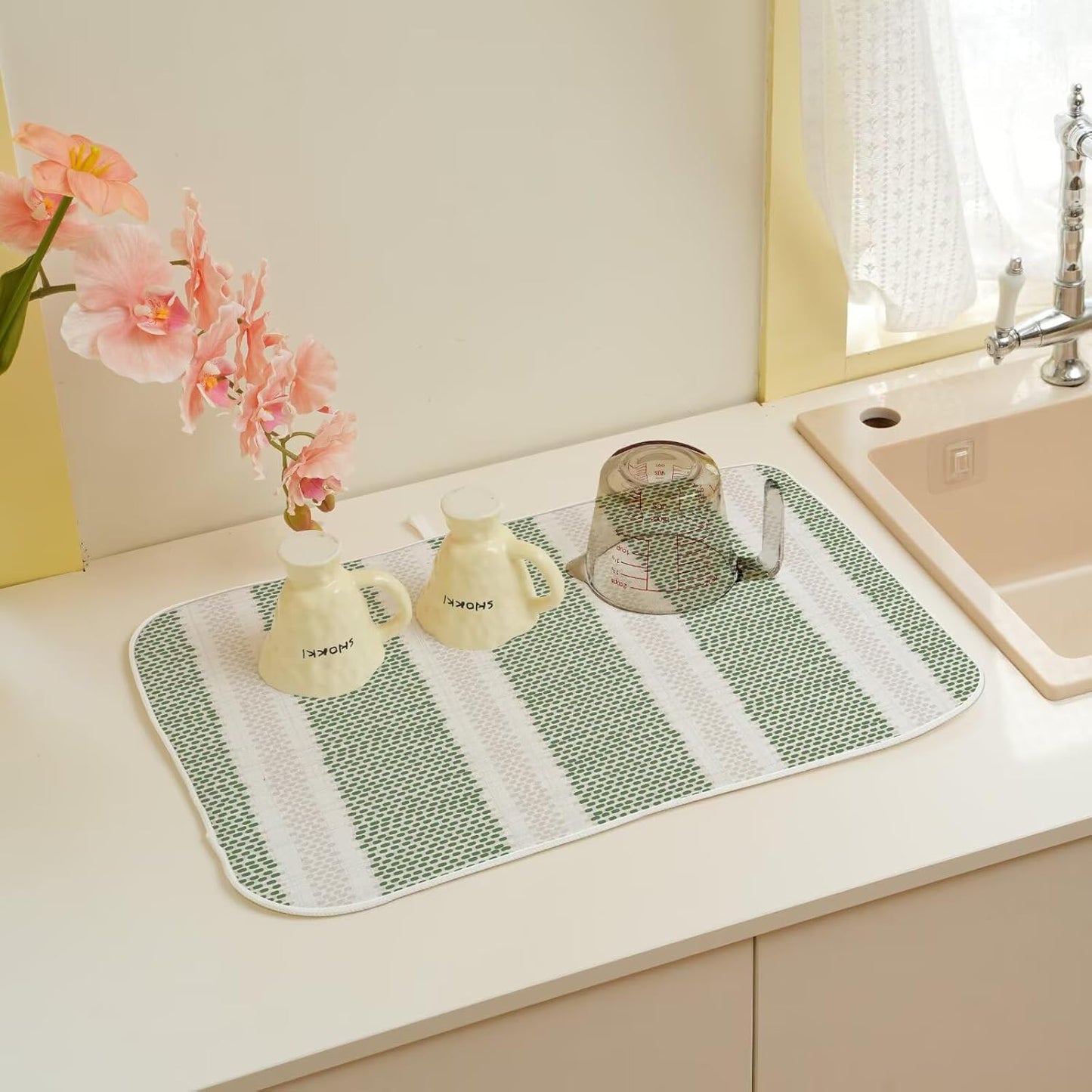 Boho Sage Green Dish Drying Mat 18 x 24 inch Modern Geometry Polka Dot Striped Decorative Drying Mats Microfiber Absorbent Dish Washable Draining Mat for Kitchen Counter Decor