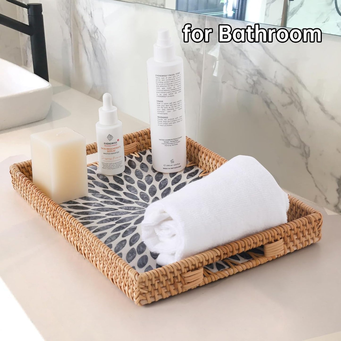 Rectangle Rattan Tray with Mother of Pearl Inlay, Rattan Serving Tray with Handle for Coffee, Bread, Fruits, Snacks, Decorative Wicker Tray for Table Decor (Rectangle Dark Blue Leaf, 13"×9")