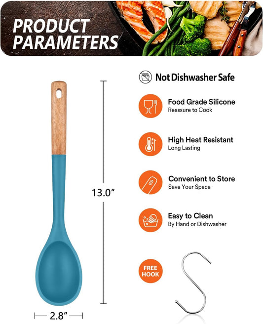 Large Silicone Cooking Spoons, Nonstick Solid Wooden Handle Spoon, Heat Resistan Silicone Kitchen Spoons for Cooking, Serving, Basting, Mixing, 13.2inch (BLUE)