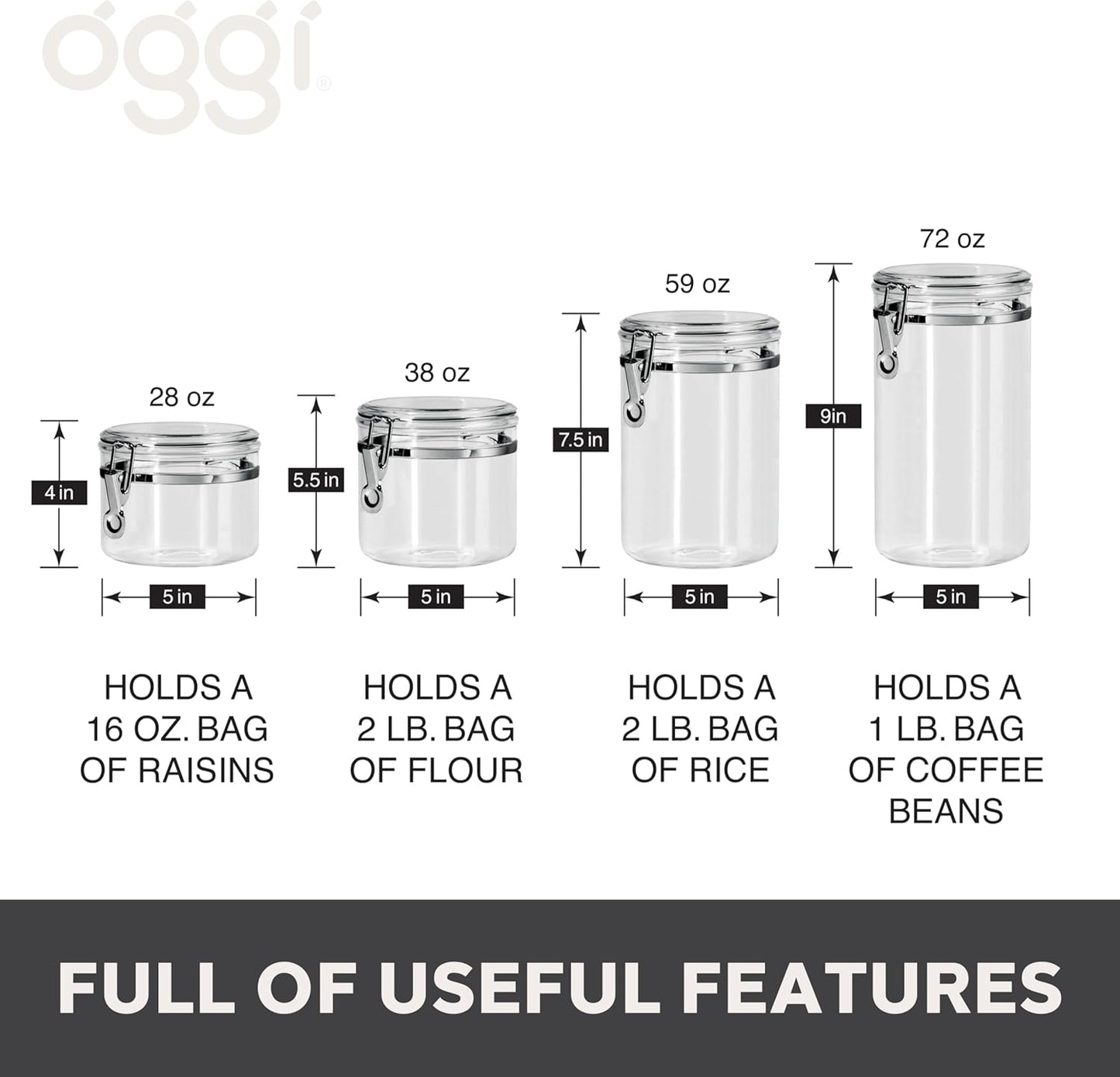 Oggi 4pc Clear Canister Set with Clamp Lids Airtight Containers in Sizes Ideal for Kitchen & Pantry Storage of Bulk, Dry Foods Including Flour, Sugar, Coffee, Rice, Tea, Spices & Herbs