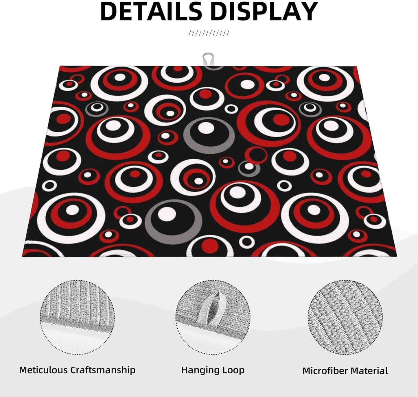 Red Black White Retro Geometric Circle Dish Drying Mats for Kitchen Counter & Sink, Modern Art Kitchen Drying Pad, 18" x 24" Absorbent Reversible Foldable Dish Drainer Rack Mats, Home Decor Black Red