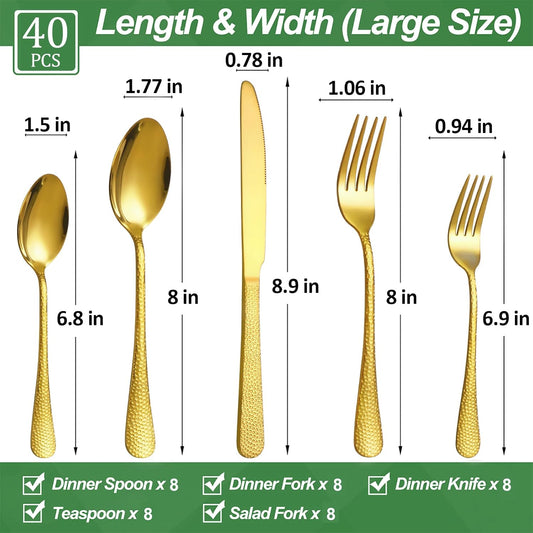 40 Pcs Gold Silverware Set for 8 with Hammered Design, Food Grade Stainless Steel Flatware Set, Eating Utensils Sets Include Fork/Knife/Spoon, Cutlery Set, Dishwasher Safe