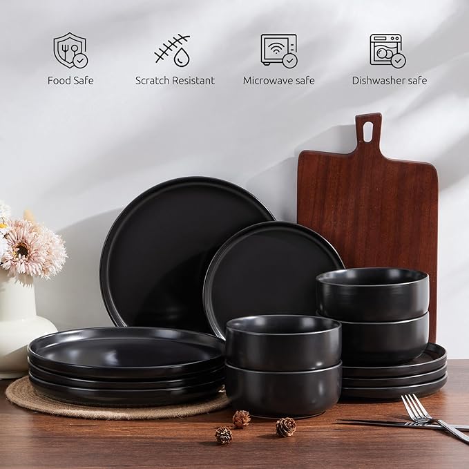 E-far Stoneware Dinnerware Sets for 8, 24-Piece Plates and Bowls Set, Modern Ceramic Dishes Dinning Ware, Microwave & Dishwasher Safe - Matte Black