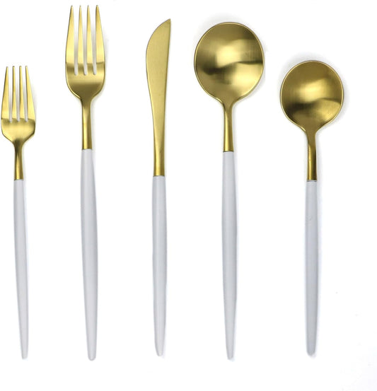 20-Pieces Luxury White Handle Gold 18/10 Stainless Steel Flatware Set, Matte Finish, Service for 4