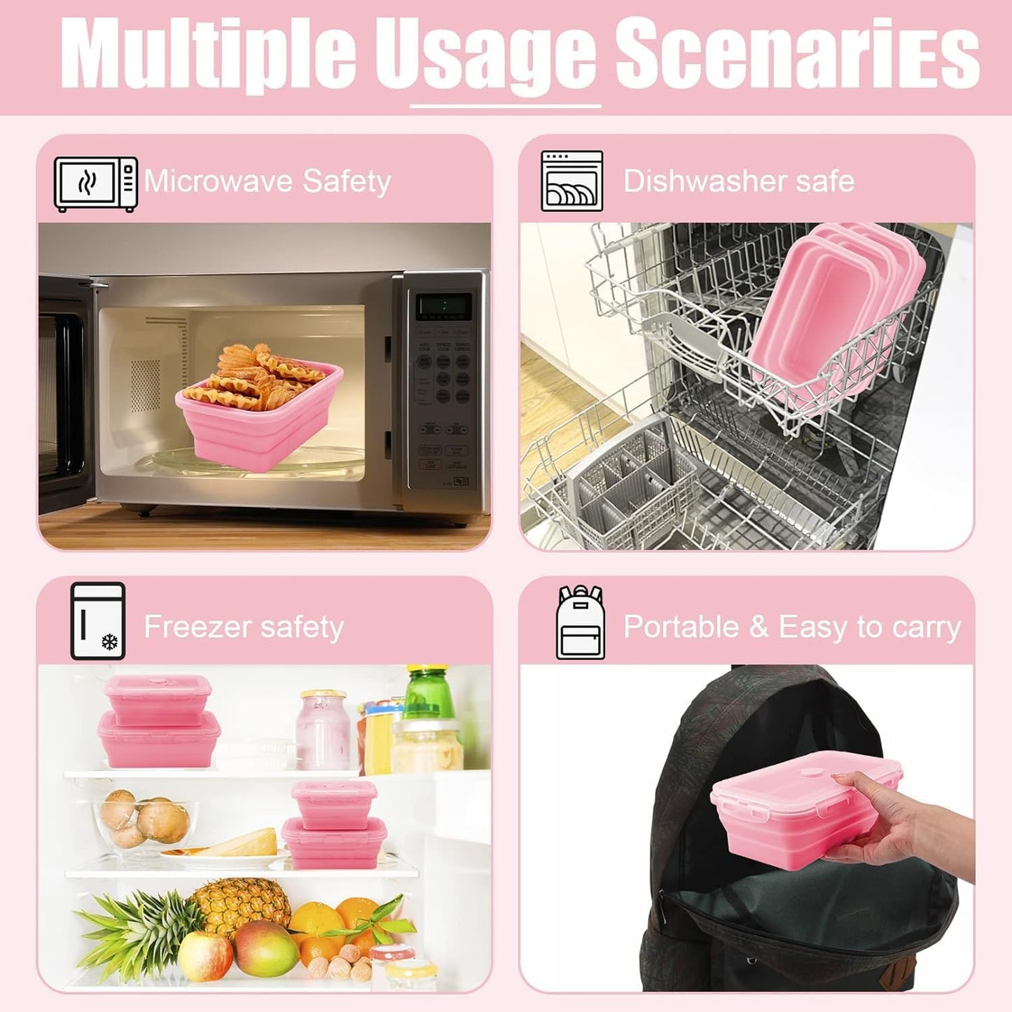 Collapsible Silicone Food Storage Containers with Lids,Set of 4 Silicone Lunch Box Containers,Foldable Meal Prep Container for Kitchen,Microwave & Dishwasher & Freezer Safe,BPA Free(Square Pink,4PCS)