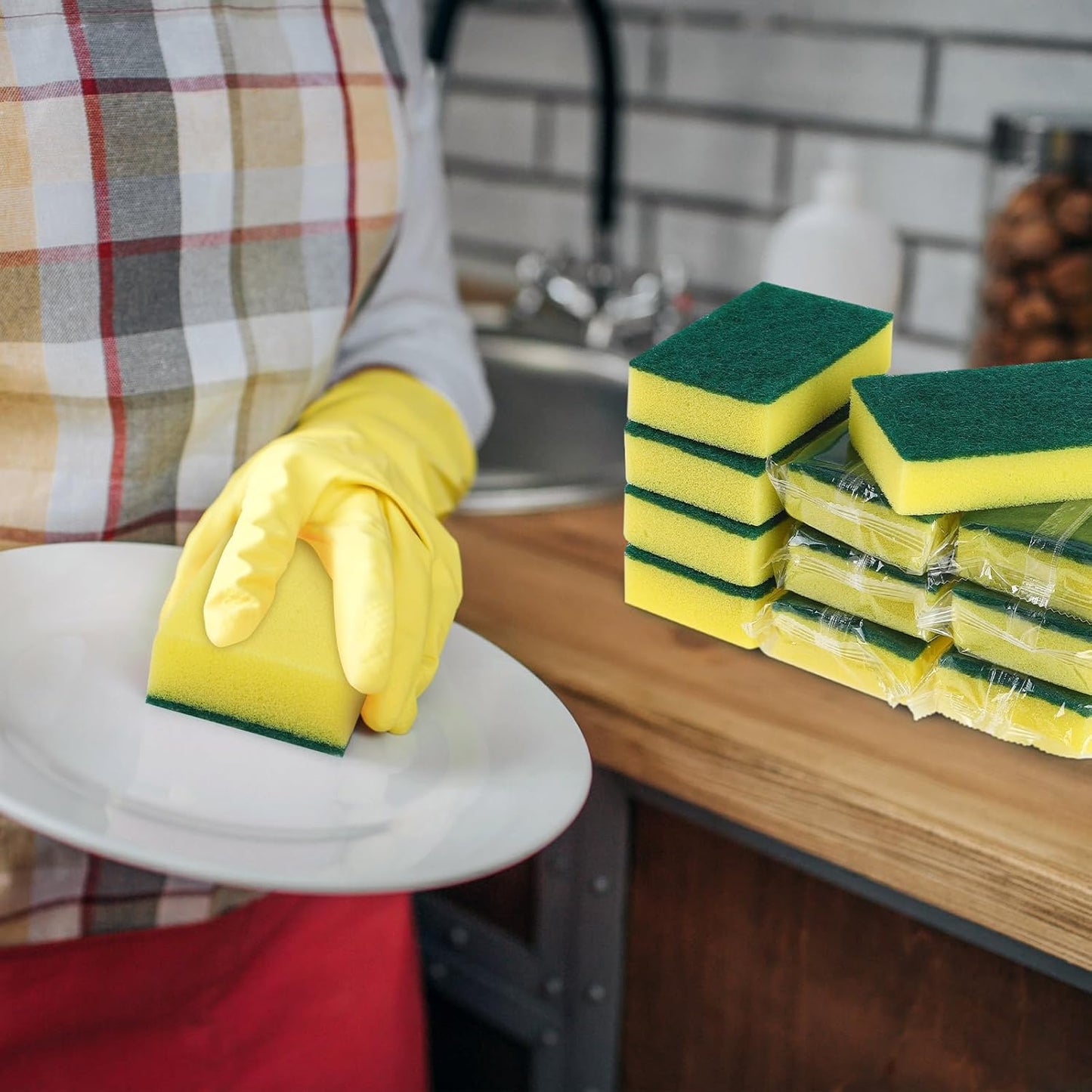 100 Pcs Individually Wrapped Sponges, Uncompressed Non Scratch Scrouing Sponges for Household Cleaning Dishes Kitchen Airbnb Apartment Car Bike Green