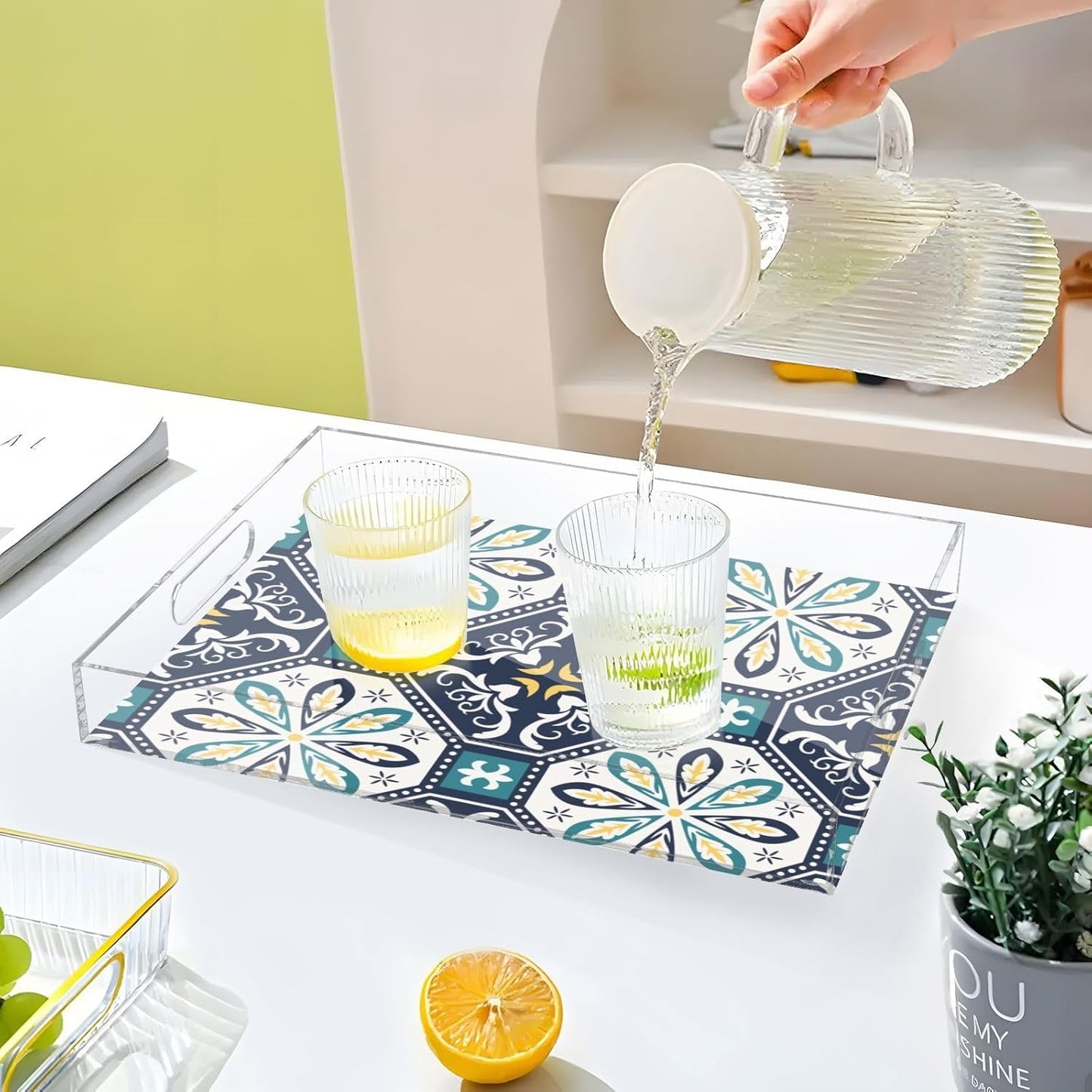 Acrylic Serving Tray with Handles Spill Proof Kitchen Storage Tray Clear Decorative Tray Makeup Drawer Organizer Storage Tray for Bathroom Living Room Ottoman 15.7x11.8Inches