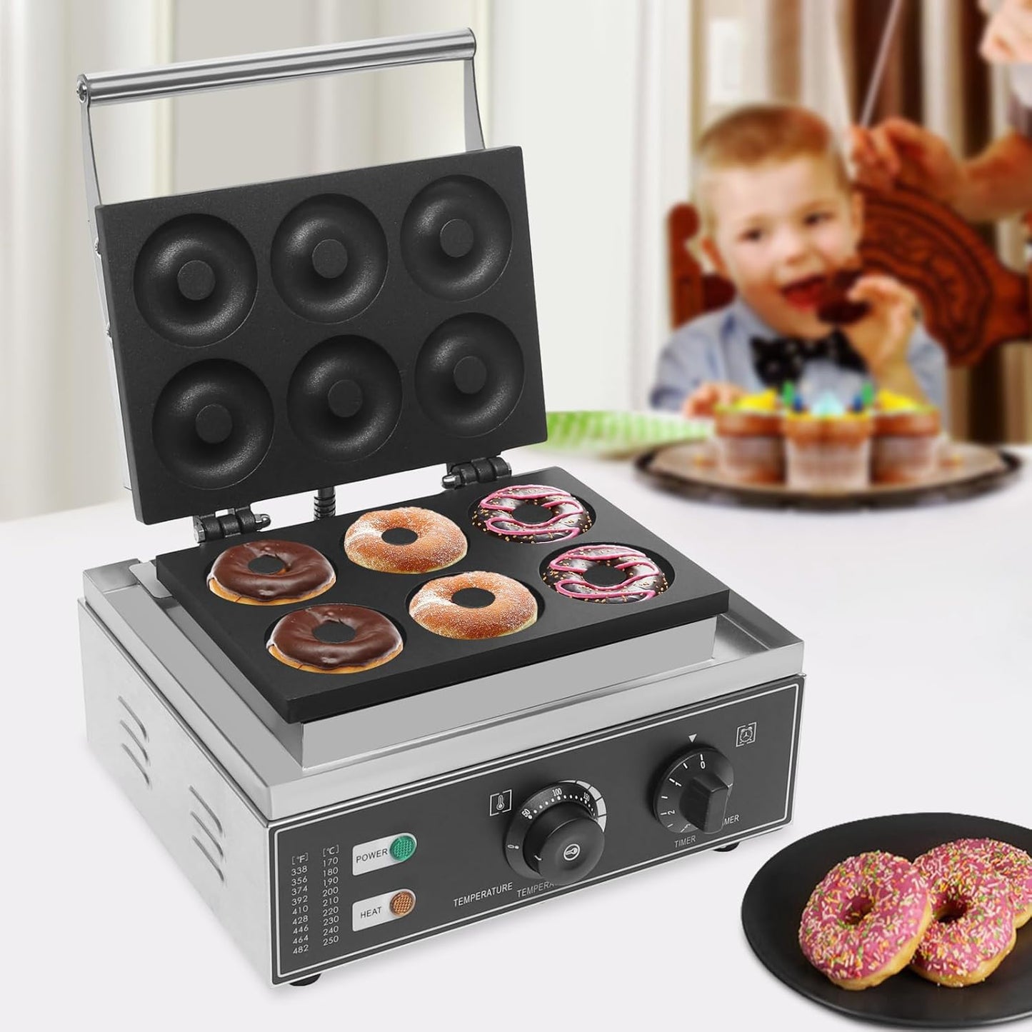 1550W 110V Commercial Waffle Donut Maker, 6 Holes Double Sided Non-Stick Commercial Electric Donut Maker, Temperature 122-572℉, Mini Donut Machine, for Professional Kitchen and Family Breakfast
