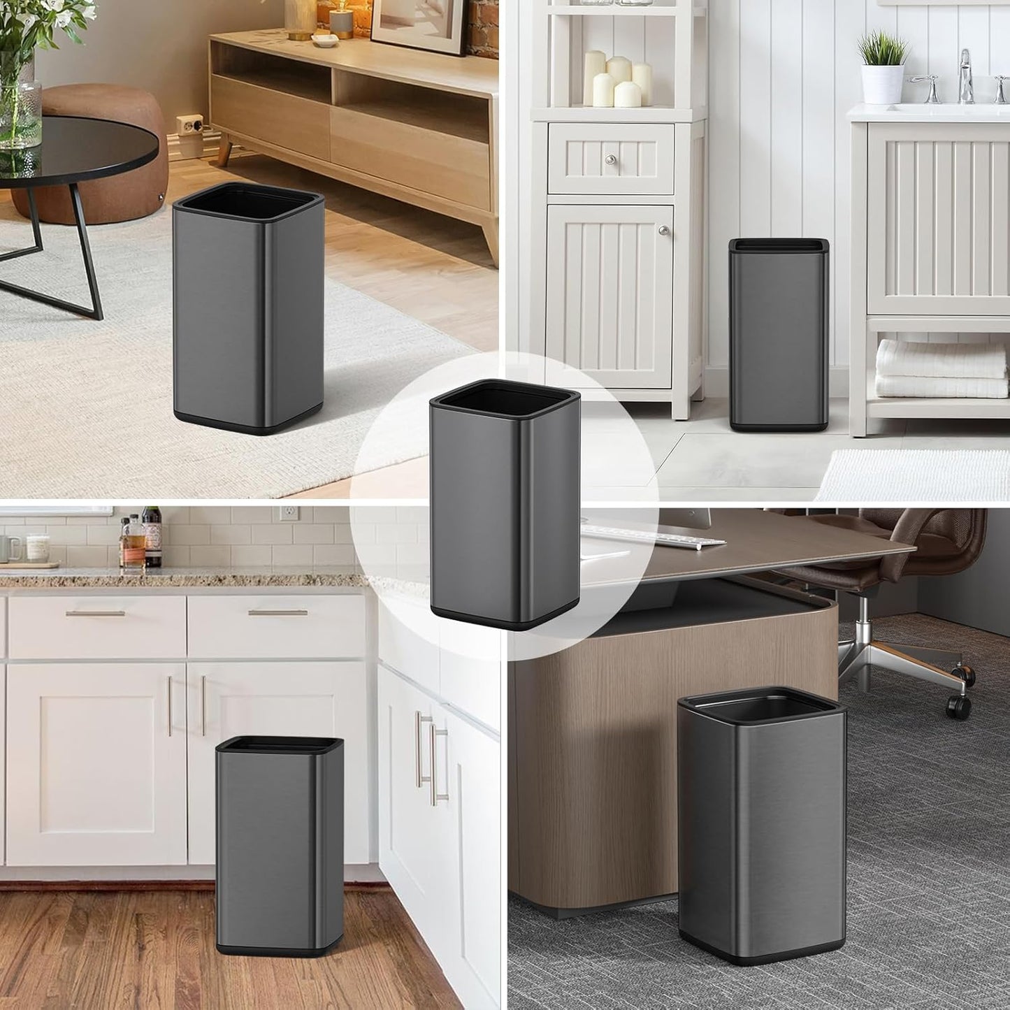 Mbillion 4Gal/15L Open top Trash Can with Removable Inner Bucket Small Waste Basket Stainless Steel Metal Trash Can for Bathroom Office,Brushed Black