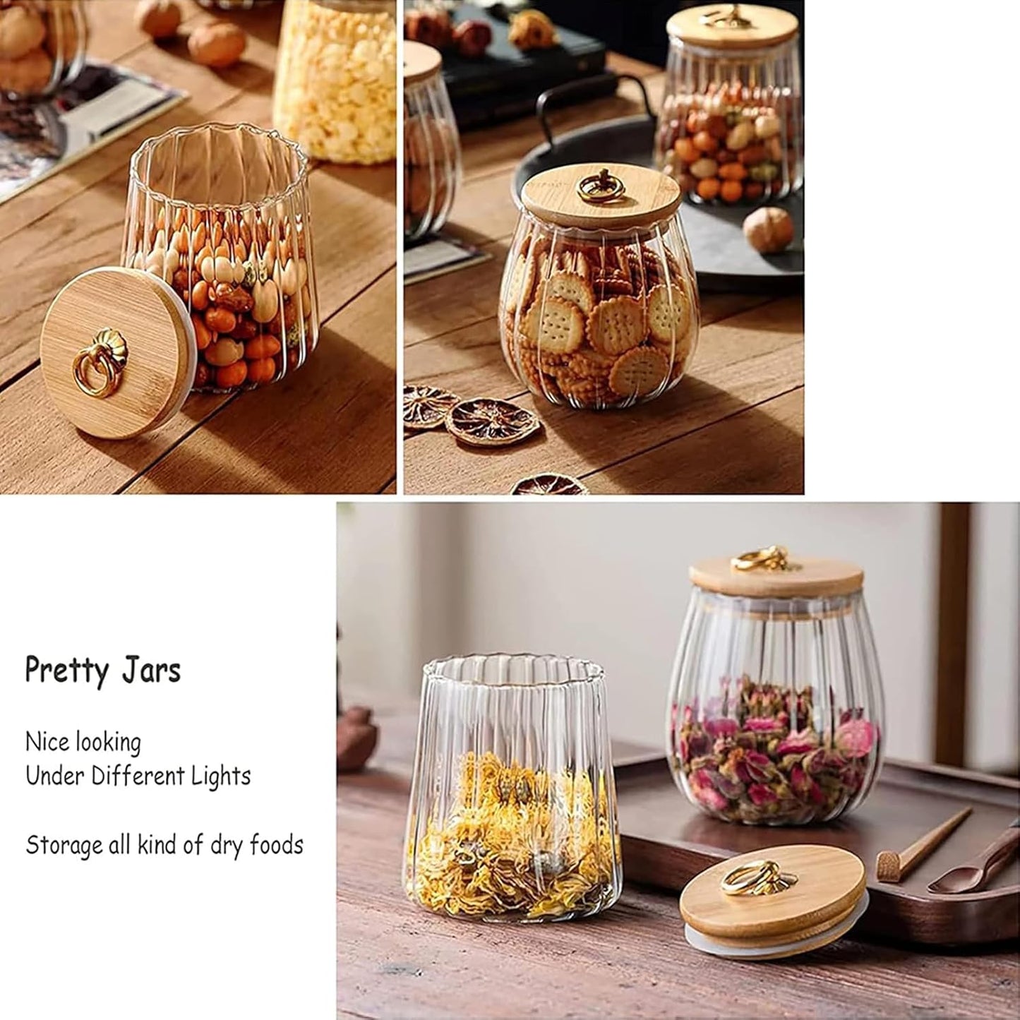 Viovian 22 & 25 FL OZ | Glass Storage Jars with Bamboo Lids Sugar Coffee Containers Set of 2 Clear Decorative Jar Canister for Foods Cookie Candy Nuts Snacks