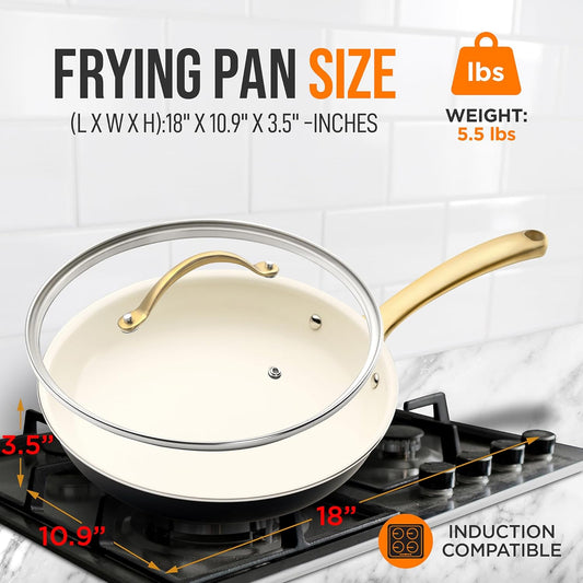 NutriChef 10-Inch Professional Ceramic Frying Pan With Lid - Medium Skillet with Golden Titanium Handle, Non-Stick Ceramic Coating, Stain-Resistant, Easy to Clean, Ideal for Home Cooking