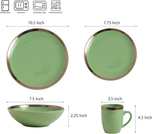Bestone 16-Piece Round Kitchen Dinnerware Set, Dishes, Plates, Bowls, Mugs, Dish Set, Service for 4, Stoneware (round, green and gold rim)