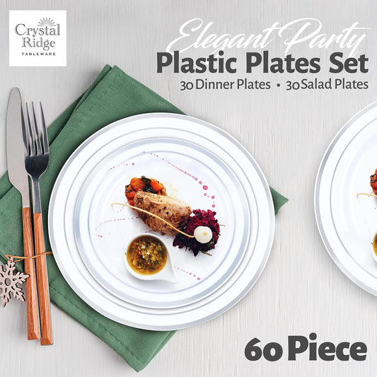 60 Pieces White Plastic Disposable Plates - Premium Heavy-Duty 30 Dinner Plates & 30 Salad Plates with Silver Rim Ideal for Party, Birthday and Special Events