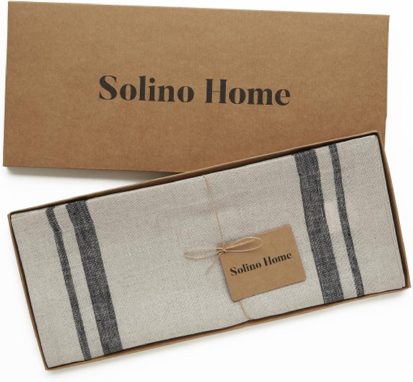 Solino Home Linen Table Runner 120 Inches Long - 100% Pure Linen Black and Natural French Stripe Table Runner 14 x 120 Inch for Dining, Fall, Autumn, Halloween, Thanksgiving, Holiday
