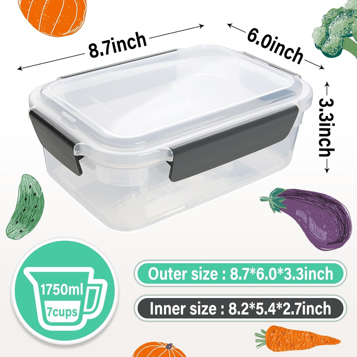 YORY 7 cup Plastic Food Storage Containers with Lids Nestable Freezer Dishwasher Safe Rectangle Meal Prep Container Set,5-Pack