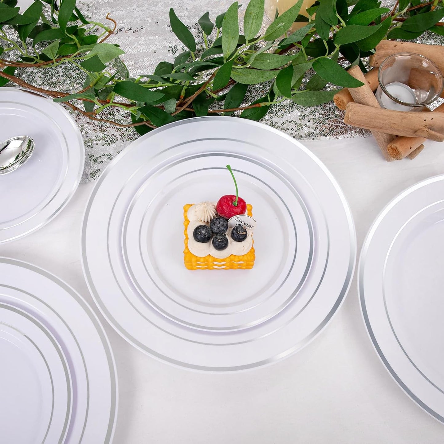 I00000 600pcs Silver Dinnerware Set for 100 Guests, Silver Plastic Plates Plastic Silverware Set of 100 Dinner Plates, 100 Salad Plates, 200 Forks, 100 Spoons,100 Knives for Party & Wedding