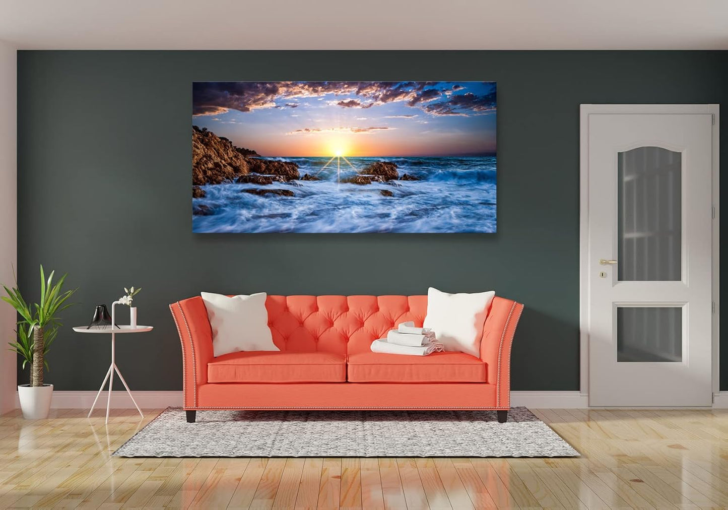 Muolunna S05875 Wall Art Decor Canvas Print Picture Sunset Blue Ocean 1 Panel Sea Waves Scenery Painting Artwork for Office Wall Decor Home Decoration Stretched and Framed Ready to Hang 30x60inch