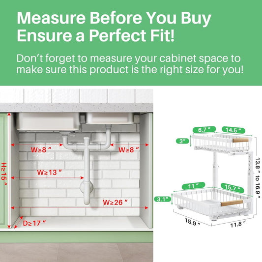 Under Sink Organizer, 2 Packs 2 Tier Under Sink Organizers and Storage, Slide out Pull out Cabinet Organizer Shelf, Metal Sliding Drawer for Kitchen Bathroom Pantry Closet Rack(White)