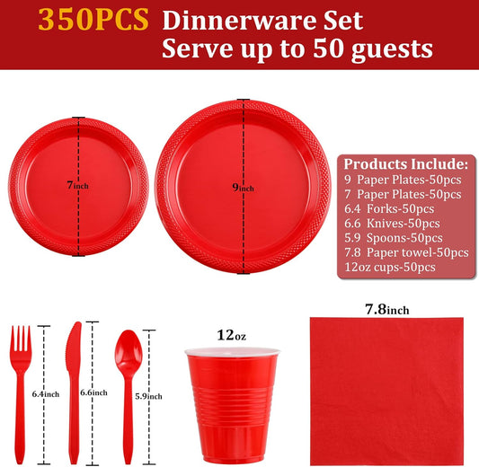 MirthMood 350PCS Red Disposable Plastic Plates,Red Dinnerware Set Includes 50 Dinner Plates, 50 Salad Plates, 50 Sets of Silverware, 50 Napkins and 50Pcs 12OZ Plastic Cups