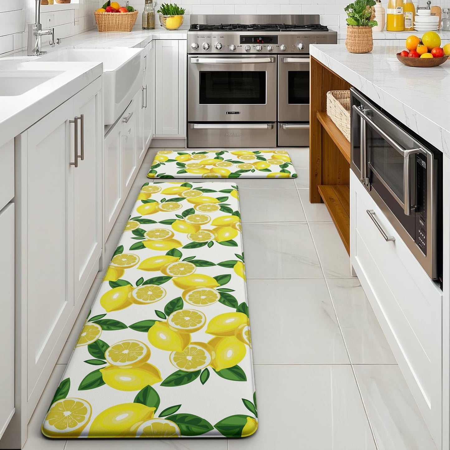 Lemon Kitchen Mats for Floor - Anti Fatigue Mats for Kitchen Floor, Cushioned Non-Skid Washable Memory Foam Rug for Office, Sink, Laundry (17.3"×47"×0.47") White
