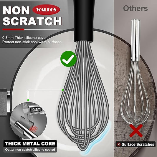 Walfos Whisk, Silicone Whisks Set of 5, Mini Stainless Steel Whisk 7in+5in and Non Scratch Coated 7+9+11in Whisks, Suitable for Blending, Whisking, Beating, Frothing & Stirring. (Grey)