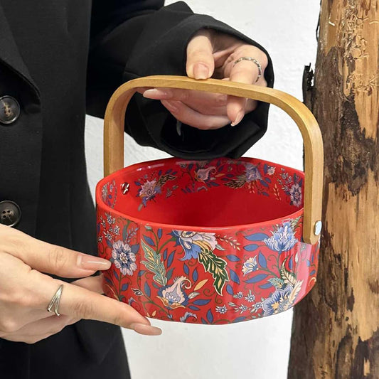 6" Elegant Iris Ceramic Fruit Basket with Detachable Wooden Handle,Candy Dish,Decorative Bowl,Kitchen & Dining Table Office Decor(Red)