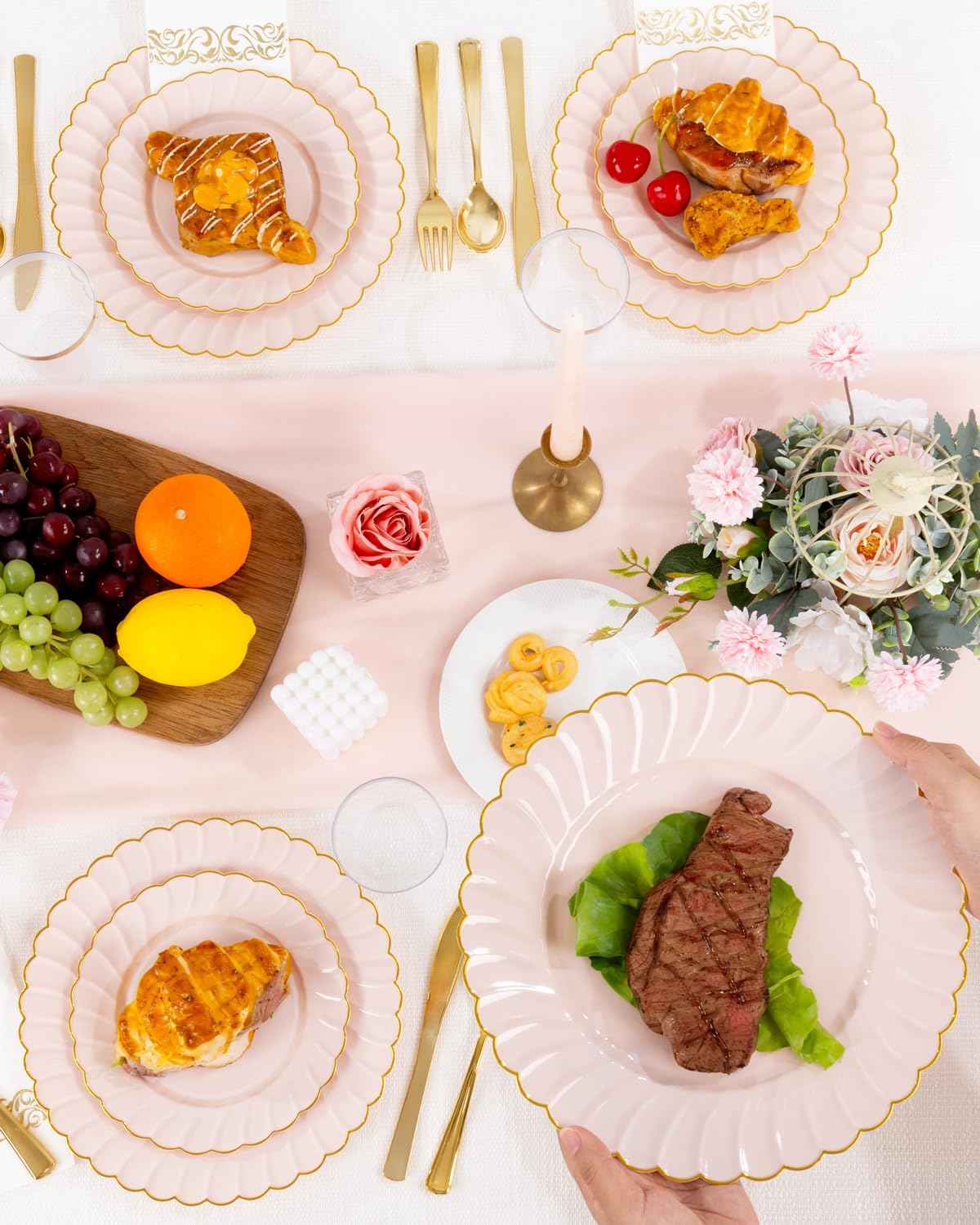 YOUBET 175PCS Pink Scalloped Plastic Plates - Gold Disposable Dinnerware Set Include 50 Plates, 75 Gold Silverware, 25 Cups, 25 Napkins for Party & Wedding & Baby Shower