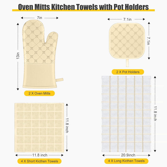 Oven Mitts Kitchen Towels Dishcloths with Pot Holders Sets 12PCS, Dish Towels Sets, Oven Gloves Pot Pads Heat Resistant 500 Degrees with Non-Slip Silicone Surface for Cooking Baking Grilling-Beige