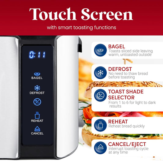 Elite Gourmet ECT5322 Long Slot 4 Slice Toaster, Countdown Timer, Bagel Function 6 Toast Setting, Defrost, Cancel Function, Built-in Warming Rack, Extra Wide Slots for Bagels Waffles, Stainless Steel