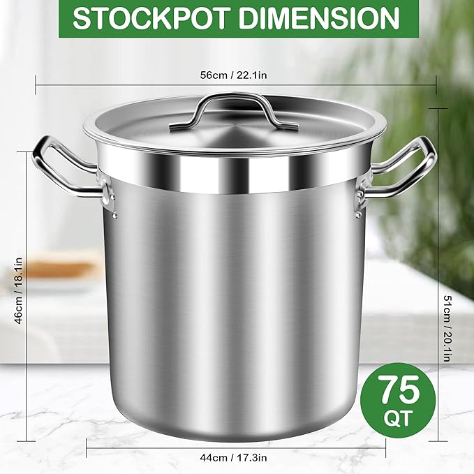 75 Quart Commercial Stock Pot with Lid – Restaurant-Grade Stainless Steel Soup Pot, Triple-Layer Even Heat Base, Steam Vent Lid, Induction Ready – Lobster Boils, Catering, Bulk Cooking