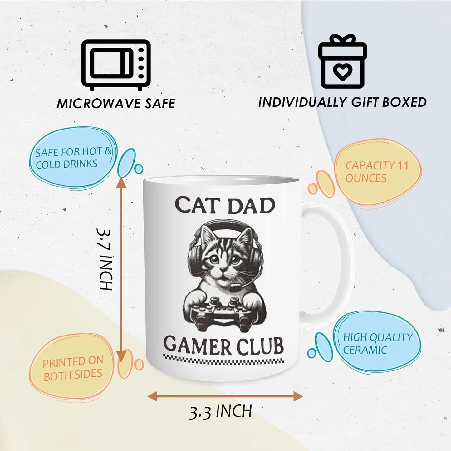 Funny Cat Dad Gamer Club Mug, Cute Kitten Ceramic Coffee Cup, Cats Dad Gift, Cats Lover Gifts for Men, Gifts for Video Game Lovers Men, Funny Gaming Cat Coffee Tea Mugs 11 oz