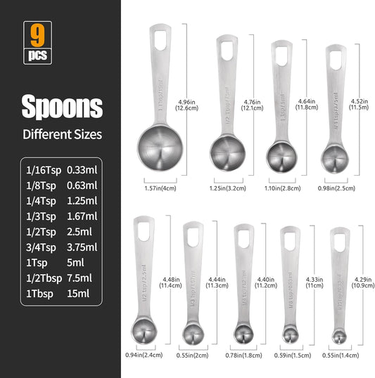 Doosu Measuring Spoons Set of 9-18/8 Stainless Steel Heavy Duty Teaspoons Tablespoons with Engraved Metric & US Measurements, Metal Measure Spoon for Dry and Liquid Ingredients, Dishwasher Safe