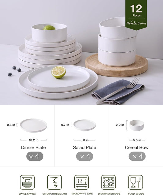 Famiware Nebula Plates and Bowls Set, 12 Pieces Dinnerware Sets, Dishes Set for 4, White with Colorful Speckles